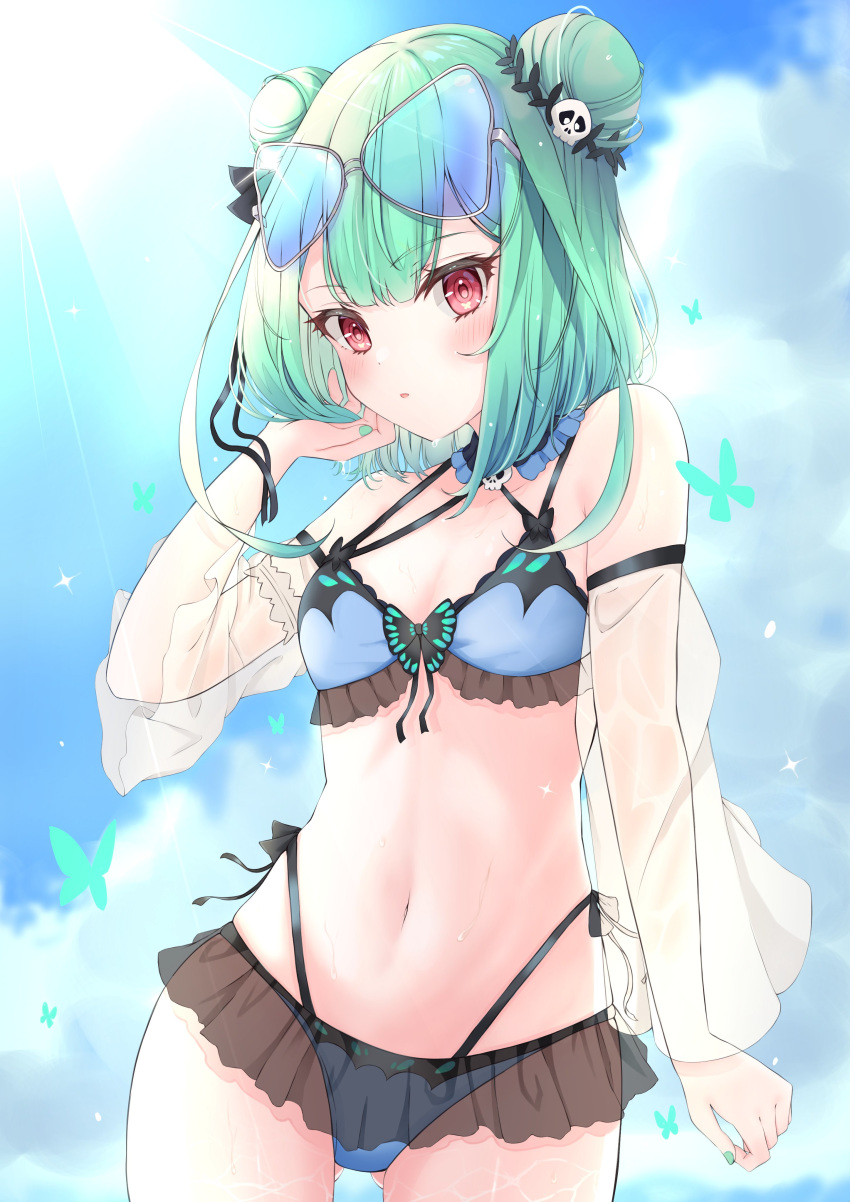 1girl :o absurdres animal_print bikini bikini_skirt blue_bikini blue_butterfly blush bow breasts bug butterfly butterfly_print cleavage collared_bikini day detached_sleeves double_bun eyebrows eyebrows_visible_through_hair eyelashes flat_chest frilled_bikini frills glasses gothic_lolita green_hair hair_ornament hand_up highres hololive hololive_fantasy insect lolita_fashion navel necromancer red_eyes ruru_keta short_hair side-tie_bikini skull_collar skull_hair_ornament sky solo sunglasses swimsuit uruha_rushia virtual_youtuber wet