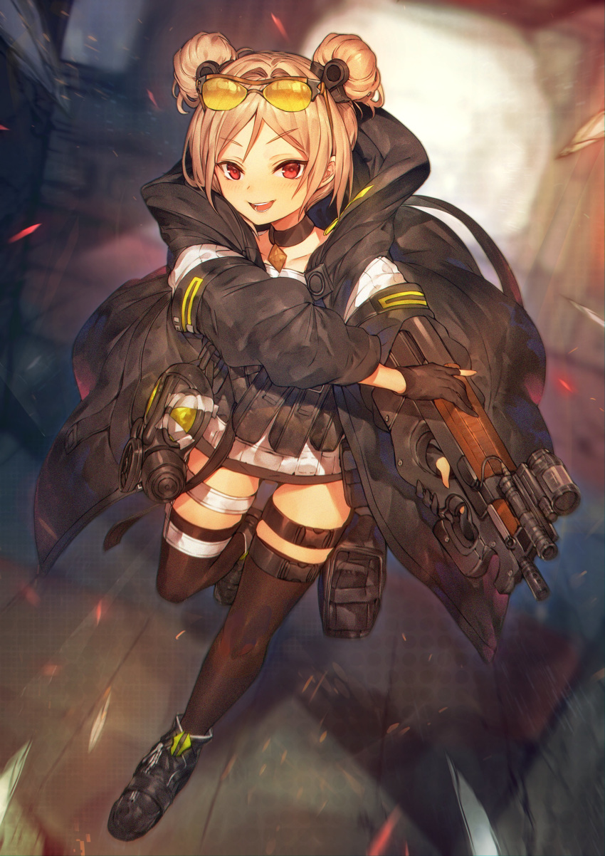 1girl absurdres black_choker black_coat black_footwear black_gloves black_legwear blonde_hair bullpup choker coat colored_lenses double_bun eyewear_on_head gas_mask girls_frontline gloves gun highres holding holding_gun holding_weapon long_sleeves open_clothes open_coat open_mouth orange-tinted_eyewear p90 p90_(girls_frontline) partly_fingerless_gloves red_eyes scope shoes short_hair smile solo submachine_gun sunglasses tactical_clothes takeno_(hashi_falcon) thighhighs tinted_eyewear weapon
