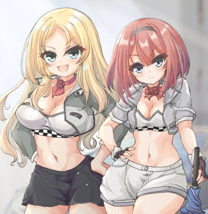 2girls adapted_costume ark_royal_(kantai_collection) ascot bangs black_gloves black_skirt blonde_hair blue_eyes blue_umbrella blunt_bangs bob_cut bra breasts checkered cleavage commentary_request cowboy_shot cropped_jacket fingerless_gloves flower gloves grey_jacket hairband highres inverted_bob jacket kantai_collection kasashi_(kasasi008) large_breasts looking_at_viewer medium_breasts midriff multiple_girls nelson_(kantai_collection) planted_umbrella race_queen red_flower red_hair red_neckwear red_rose rose short_hair shorts skirt smile strapless strapless_bra umbrella underwear white_bra white_shorts