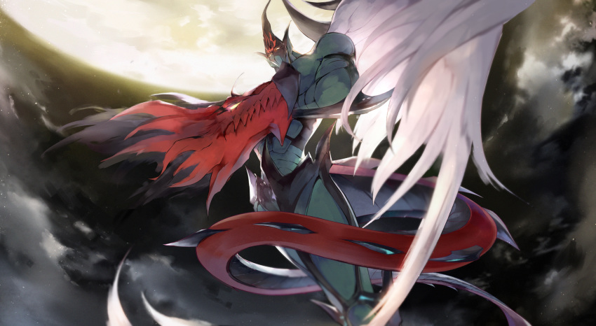 1boy closed_mouth cloud cloudy_sky crossed_arms dragon dragon_tail duel_monster elemental_hero_flame_wingman feathered_wings glowing glowing_eyes green_skin highres kanaria_(fuusenkazura) looking_down male_focus monster moon night night_sky outdoors pointy_ears single_wing sky solo standing tail wings yellow_eyes yellow_moon yuu-gi-ou yuu-gi-ou_gx
