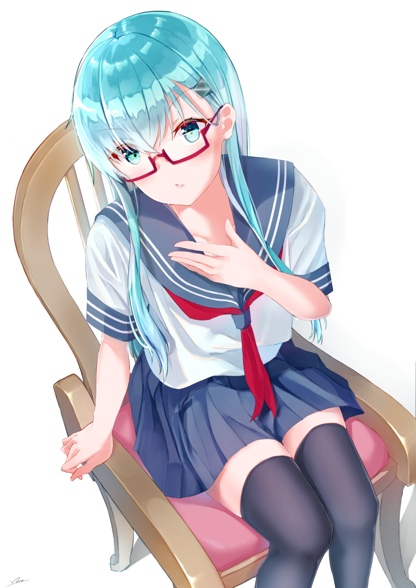 1girl alternate_costume alternate_hair_color bespectacled black_legwear blouse blue_eyes blue_hair blue_sailor_collar blue_skirt chair glasses hair_ornament hairclip highres kantai_collection long_hair miniskirt neckerchief pleated_skirt red-framed_eyewear sailor_collar school_uniform semi-rimless_eyewear serafuku short_sleeves sitting skirt solo suzuya_(kantai_collection) thighhighs under-rim_eyewear white_blouse yukai_nao