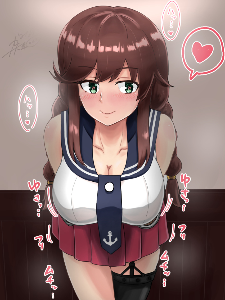 1girl anchor_symbol asymmetrical_legwear bangs black_legwear blue_neckwear braid breasts brown_hair collarbone commentary_request from_above garter_straps green_eyes heart heart-shaped_pupils highres kaminashi_yamato kantai_collection large_breasts miniskirt necktie noshiro_(kantai_collection) pleated_skirt red_skirt school_uniform serafuku single_thighhigh skirt solo speech_bubble spoken_heart swept_bangs symbol-shaped_pupils thighhighs translation_request twin_braids