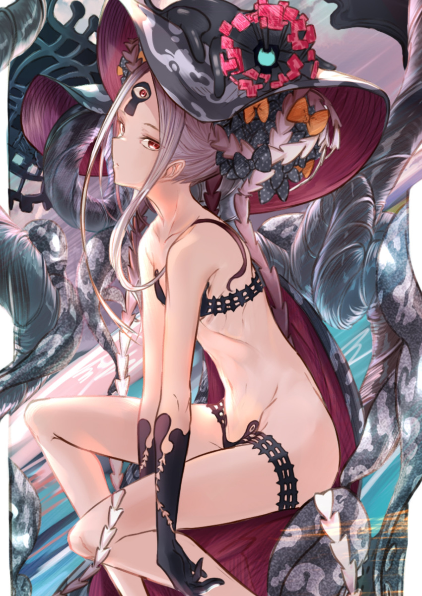 1girl abigail_williams_(fate/grand_order) abigail_williams_(swimsuit_foreigner)_(fate) absurdres bangs bare_shoulders bikini black_bikini black_bow bow breasts collarbone creature double_bun fate/grand_order fate_(series) forehead highres keyhole long_hair looking_at_viewer multiple_bows navel orange_bow parted_bangs red_eyes sidelocks sitting small_breasts swimsuit tentacles thighs third_eye very_long_hair white_hair white_skin yatsuka_(846)