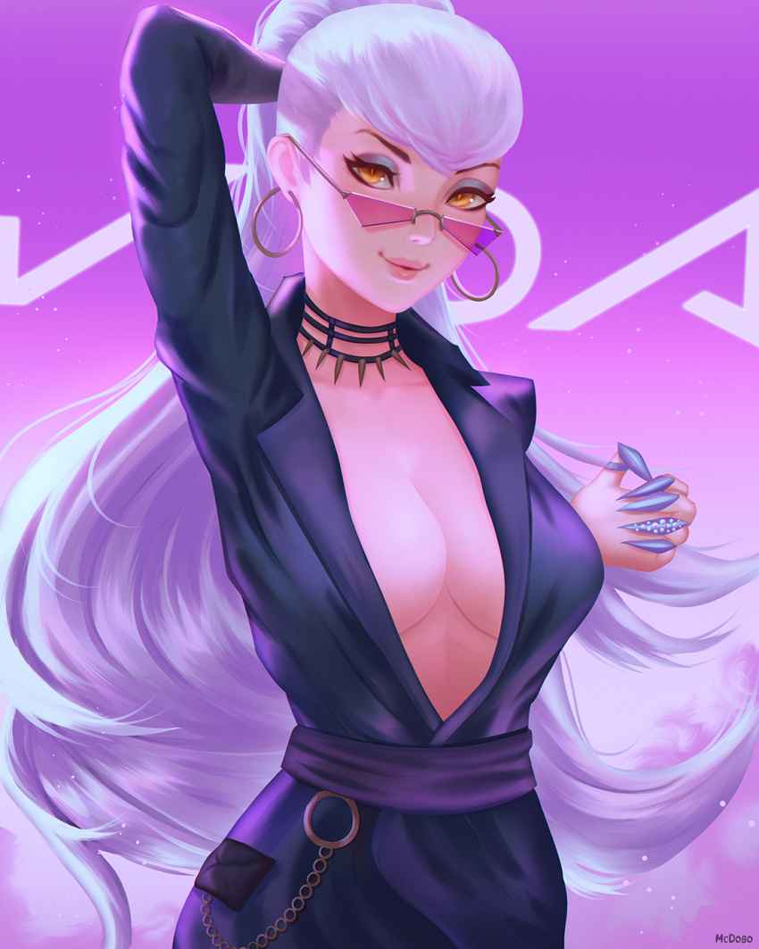 1girl bangs breasts center_opening cleavage evelynn floating_hair highres k/da_(league_of_legends) league_of_legends long_hair looking_at_viewer mcdobo medium_breasts purple_hair solo sunglasses the_baddest_evelynn tied_hair yellow_eyes