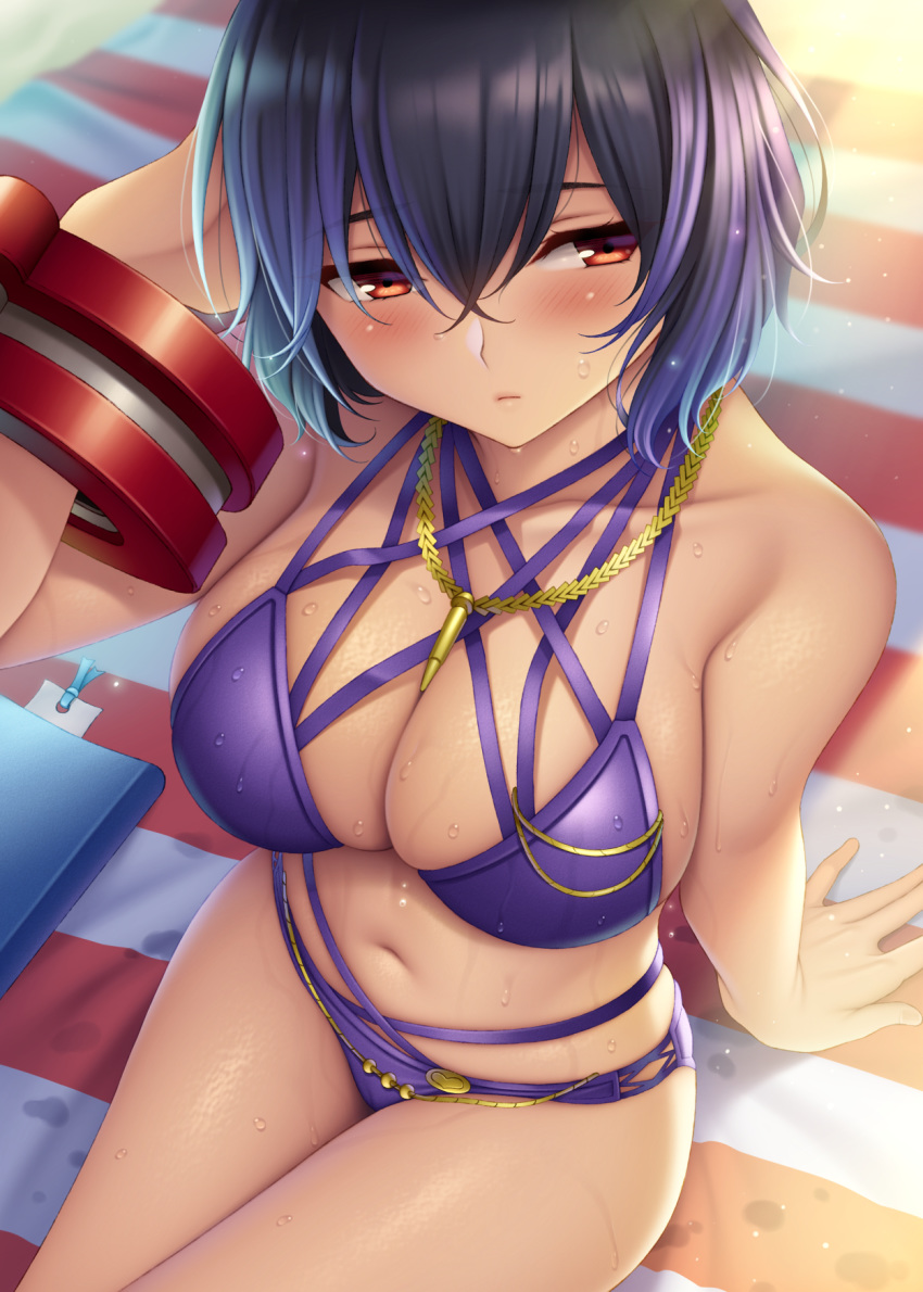 1girl arm_support bangs beach bikini blush breasts cleavage day god_eater god_eater_resonant_ops highres jewelry large_breasts looking_at_viewer multi-strapped_bikini necklace outdoors purple_bikini purple_hair red_eyes sera_kisaragi short_hair solo swimsuit watanuki_kaname wet