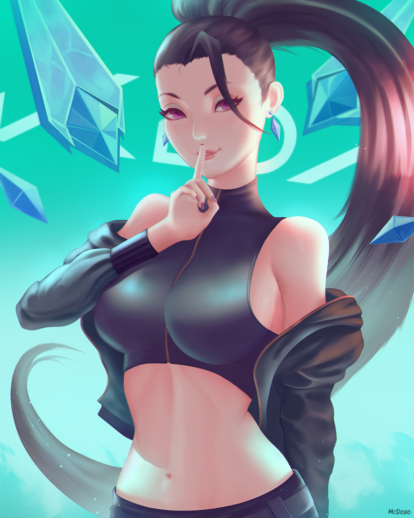 1girl black_hair breasts finger_to_mouth floating_hair green_background highres k/da_(league_of_legends) kai'sa large_breasts league_of_legends long_hair mcdobo midriff navel parted_lips ponytail purple_eyes solo the_baddest_kai'sa very_long_hair