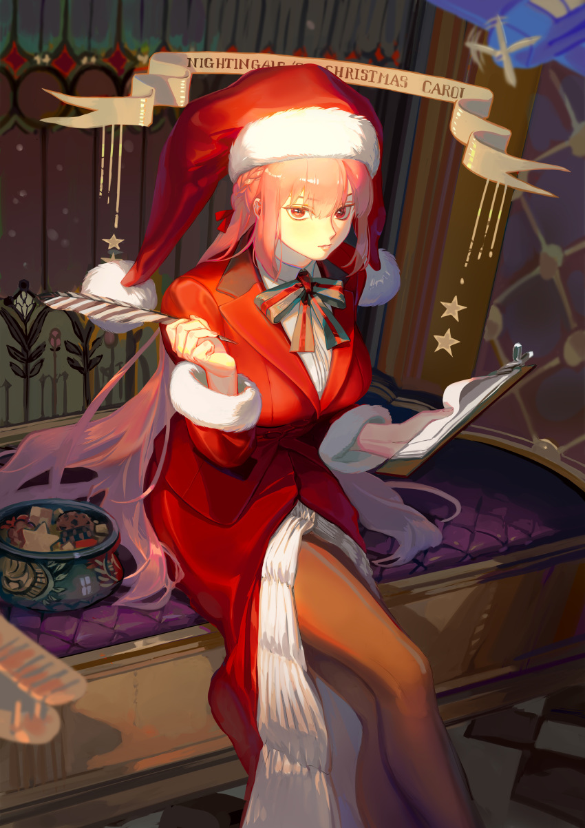 1girl absurdres bangs bow bowtie braid breasts dress eyebrows_visible_through_hair fate/grand_order fate_(series) florence_nightingale_(fate/grand_order) florence_nightingale_santa_(fate/grand_order) fur_trim hat highres holding jacket large_breasts long_hair looking_at_viewer pantyhose pink_hair red_eyes red_headwear red_jacket santa_costume santa_hat solo taro-k thighhighs