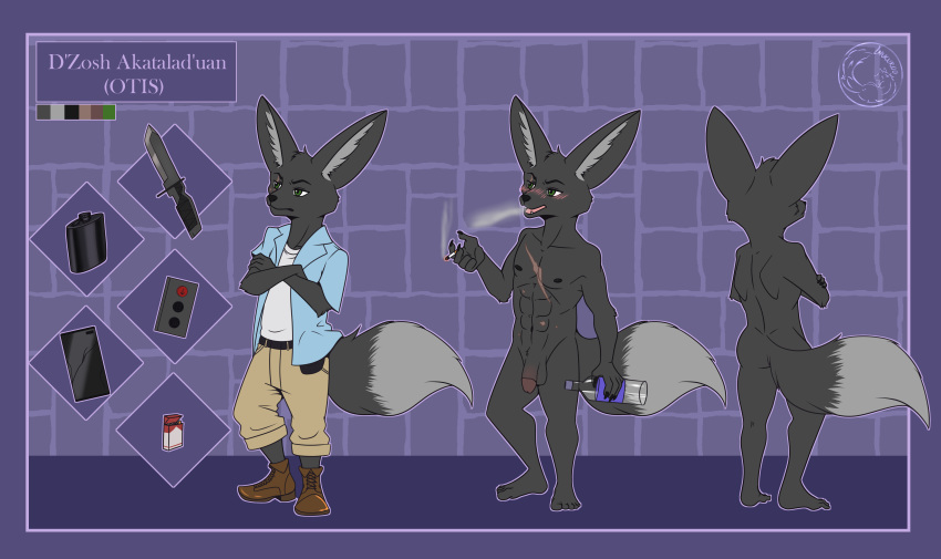 abs absurd_res alcohol anthro barefoot belt beverage boots bottle bottomwear canid canine cellphone cigarette clothed clothing controller d'zosh_(ccwoah) feet fennec flask footwear fox genitals gun hi_res holster humanoid_feet humanoid_genitalia humanoid_penis inukuroo knife male mammal model_sheet muscular muscular_anthro muscular_male nipples nude pecs penis phone ranged_weapon remote_control scar shirt shorts size_difference smaller_male smoking solo substance_intoxication topwear unamused undershirt vodka weapon