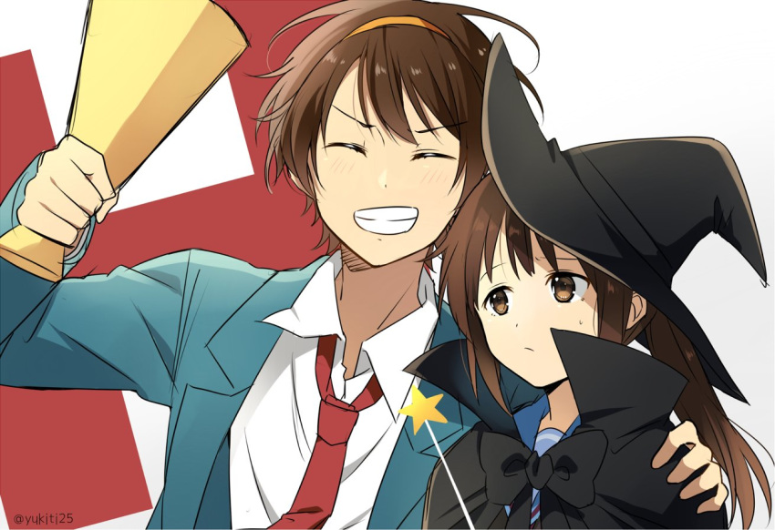 1boy 1girl arm_up artist_name bangs black_bow black_cape blazer blue_sailor_collar bow brown_eyes brown_hair cape closed_eyes closed_mouth commentary_request eyebrows_visible_through_hair genderswap genderswap_(ftm) genderswap_(mtf) h hairband happy hat jacket kita_high_school_uniform kyonko necktie open_mouth ponytail red_neckwear sailor_collar school_uniform serafuku suzumiya_haruhi_no_yuuutsu suzumiya_haruhiko sweat teeth twitter_username wand watermark white_background witch_hat yellow_hairband yukichi_(eikichi)