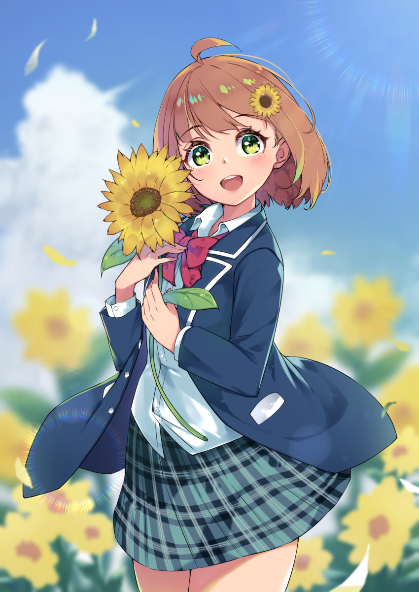 1girl :d ahoge bangs blazer blue_jacket blurry blurry_background bow bowtie brown_hair cloud cowboy_shot eyebrows_visible_through_hair flower green_eyes green_skirt hair_flower hair_ornament highres holding holding_flower honma_himawari jacket long_sleeves looking_at_viewer nijisanji open_mouth plaid plaid_skirt red_neckwear school_uniform shirt short_hair skirt sky smile solo sunflower sunflower_hair_ornament tongue upper_teeth virtual_youtuber white_shirt yasumo_(kuusouorbital)