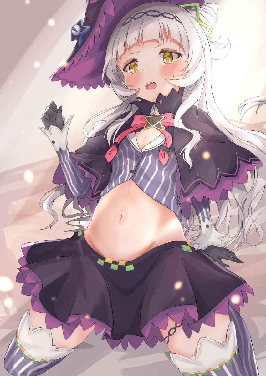 absurdres arm_support azuremo bangs black_capelet black_gloves black_headwear black_skirt blunt_bangs blush breasts capelet cleavage clenched_hand commentary crop_top gloves groin hair_bun hair_ornament hand_up hat highres hololive kneeling light_rays long_hair long_sleeves looking_down lowleg lowleg_skirt midriff murasaki_shion navel one_side_up open_mouth shirt sidelocks silver_hair skirt small_breasts solo striped striped_legwear striped_shirt sweat thigh_strap thighhighs tilted_headwear upper_teeth vertical-striped_legwear vertical-striped_shirt vertical_stripes virtual_youtuber witch_hat yellow_eyes zettai_ryouiki