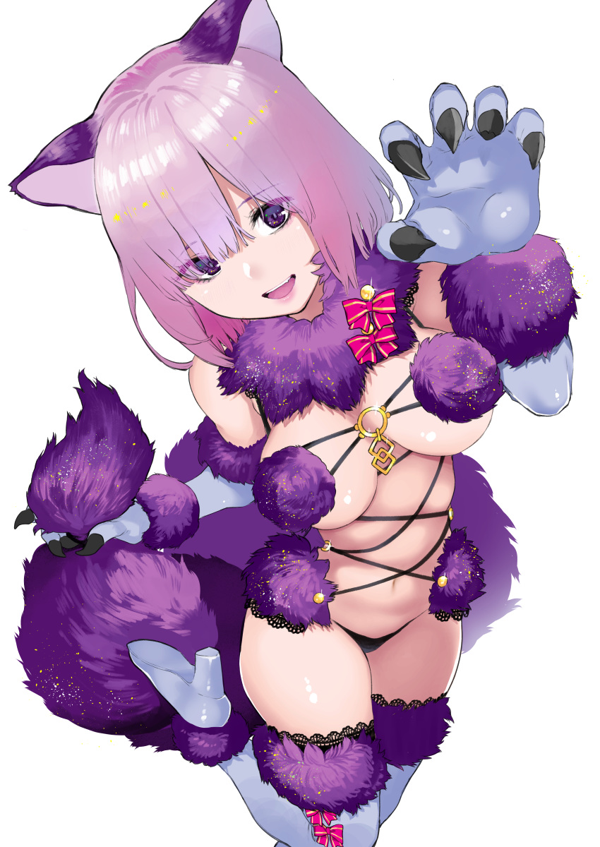 1girl absurdres aka_shiro_kiiro animal_ears breasts claw_pose dangerous_beast elbow_gloves fate/grand_order fate_(series) fur-trimmed_gloves fur-trimmed_legwear fur_collar fur_trim gloves hair_over_one_eye halloween_costume highres huge_filesize lace lace-trimmed_legwear large_breasts mash_kyrielight navel o-ring o-ring_top purple_eyes purple_gloves purple_hair purple_legwear revealing_clothes short_hair solo standing standing_on_one_leg tail wolf_ears wolf_girl wolf_tail