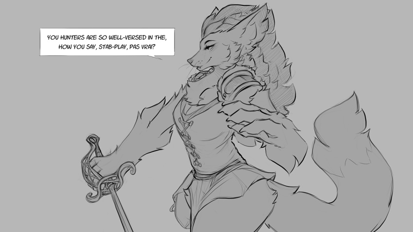 16:9 anthro canid canine canis clothed clothing dialogue english_text female fur gwen hair mammal melee_weapon monochrome simple_background smile solo sword text watsup weapon were werecanid werecanine werewolf widescreen wolf