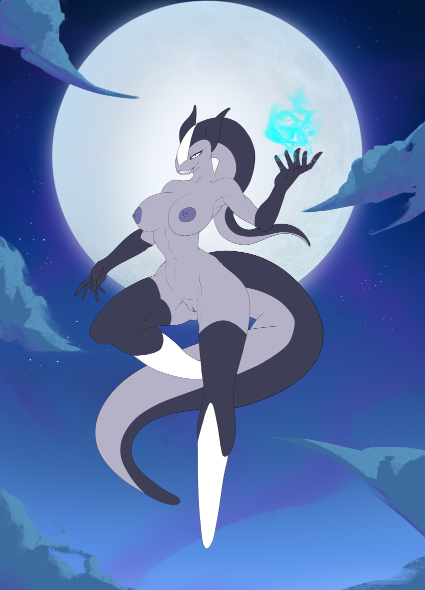 absurd_res anthro big_tail blue_nipples blue_pussy curvy_figure evil_grin fangs fangs_bared female floating full_moon genitals hi_res levitation magic magic_user menacing moon night nipples piratefoxbox prehensile_hair prehensile_tail pussy rasha sky smile solo teeth_showing toned_female unknown_species vampire