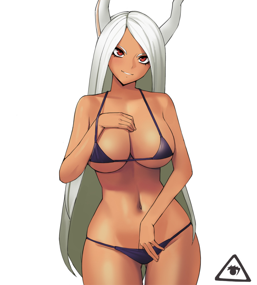 1girl animal_ears ass_visible_through_thighs bare_shoulders bikini black_bikini boku_no_hero_academia breasts bunny_ears cowboy_shot dark_skin donburikazoku eyelashes groin hand_under_clothes hand_under_swimsuit hand_up highres large_breasts light_smile long_hair looking_at_viewer micro_bikini mirko navel parted_lips red_eyes simple_background skindentation solo string_bikini swimsuit thighs underboob very_long_hair white_background white_hair wide_hips