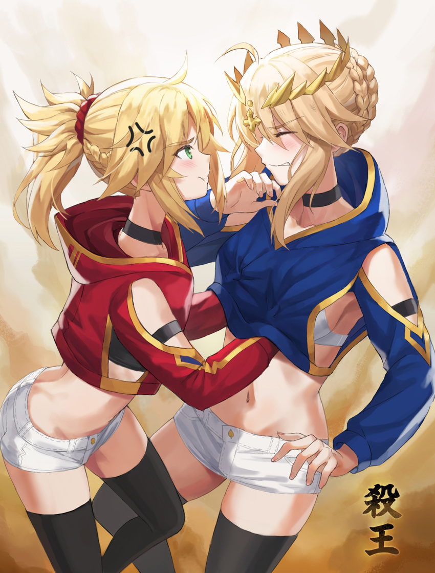 2girls ahoge anger_vein artoria_pendragon_(all) artoria_pendragon_(lancer) bangs black_legwear blonde_hair blush braid breasts choker closed_eyes commentary_request detached_collar detached_sleeves fate/apocrypha fate/grand_order fate_(series) french_braid green_eyes hair_between_eyes hair_ornament hair_scrunchie highres hood hoodie large_breasts long_hair long_sleeves mordred_(fate) mordred_(fate)_(all) mother_and_daughter multiple_girls navel parted_bangs ponytail pout puffy_cheeks red_scrunchie scrunchie short_shorts shorts sidelocks small_breasts thighhighs thighs tonee white_shorts wince