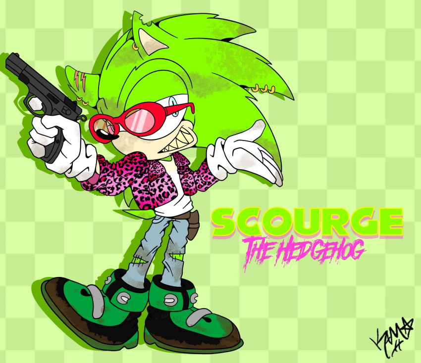 anthro archie_comics blue_eyes clothed clothing ear_piercing eulipotyphlan eyewear footwear fur gloves green_body green_fur gun handgun handwear hedgehog hi_res holding_gun holding_object holding_weapon kammydaydream looking_at_viewer male male/male mammal piercing ranged_weapon scourge_the_hedgehog sharp_teeth solo sonic_the_hedgehog_(archie) sonic_the_hedgehog_(comics) sonic_the_hedgehog_(series) standing sunglasses teeth text weapon