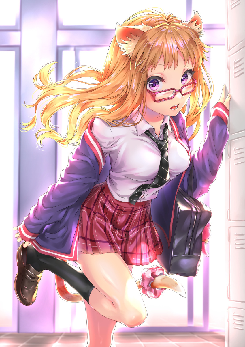1girl absurdres animal_ears backlighting bag black_neckwear blonde_hair breasts cat_ears cat_tail collared_shirt doll foot_out_of_frame glasses highres jacket large_breasts leaning_forward miniskirt necktie open_clothes open_jacket open_mouth original plaid plaid_skirt pleated_skirt purple_eyes removing_shoes routo_(rot_0) school_bag school_uniform shirt shoe_locker shoulder_bag skirt solo tail tail_scrunchie uniform white_shirt