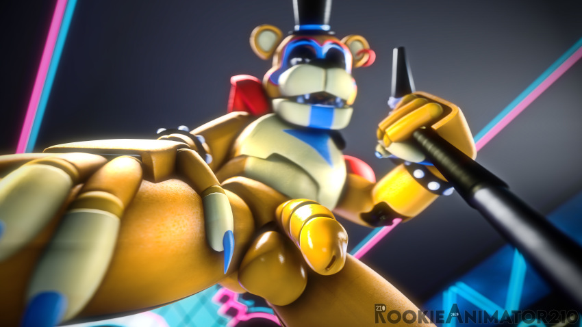 16:9 3d_(artwork) [] absurd_res anthro balls digital_media_(artwork) erection five_nights_at_freddy's freddy_(fnaf) fur genitals glamrock_freddy_(fnaf) hi_res high_framerate male male/male mammal metal_penis nude open_mouth penile penis rookieanimator210 simple_background smile solo video_games widescreen