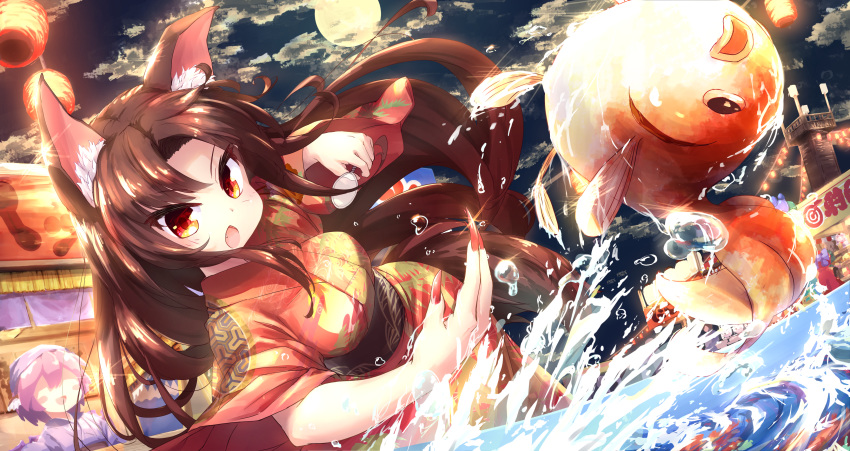 3girls absurdres animal_ears bird_wings blue_bow bow breasts brown_hair commentary commentary_request eyebrows_visible_through_hair festival fingernails fish goldfish hair_bow highres imaizumi_kagerou isu_(is88) japanese_clothes kimono lantern lantern_festival large_breasts long_fingernails long_hair multiple_girls mystia_lorelei night obi open_mouth paper_lantern pink_hair red_eyes red_hair red_nails sash sekibanki short_hair tail touhou water wings wolf_ears wolf_tail yukata