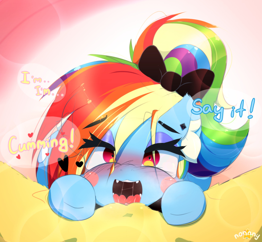 2020 blush cunnilingus digital_media_(artwork) duo english_text equid eyebrows faceless_female female female/female first_person_view fluttershy_(mlp) friendship_is_magic hasbro hi_res looking_at_viewer mammal my_little_pony n0nnny open_mouth oral rainbow_dash_(mlp) semi-anthro sex solo_focus spread_legs spreading text vaginal