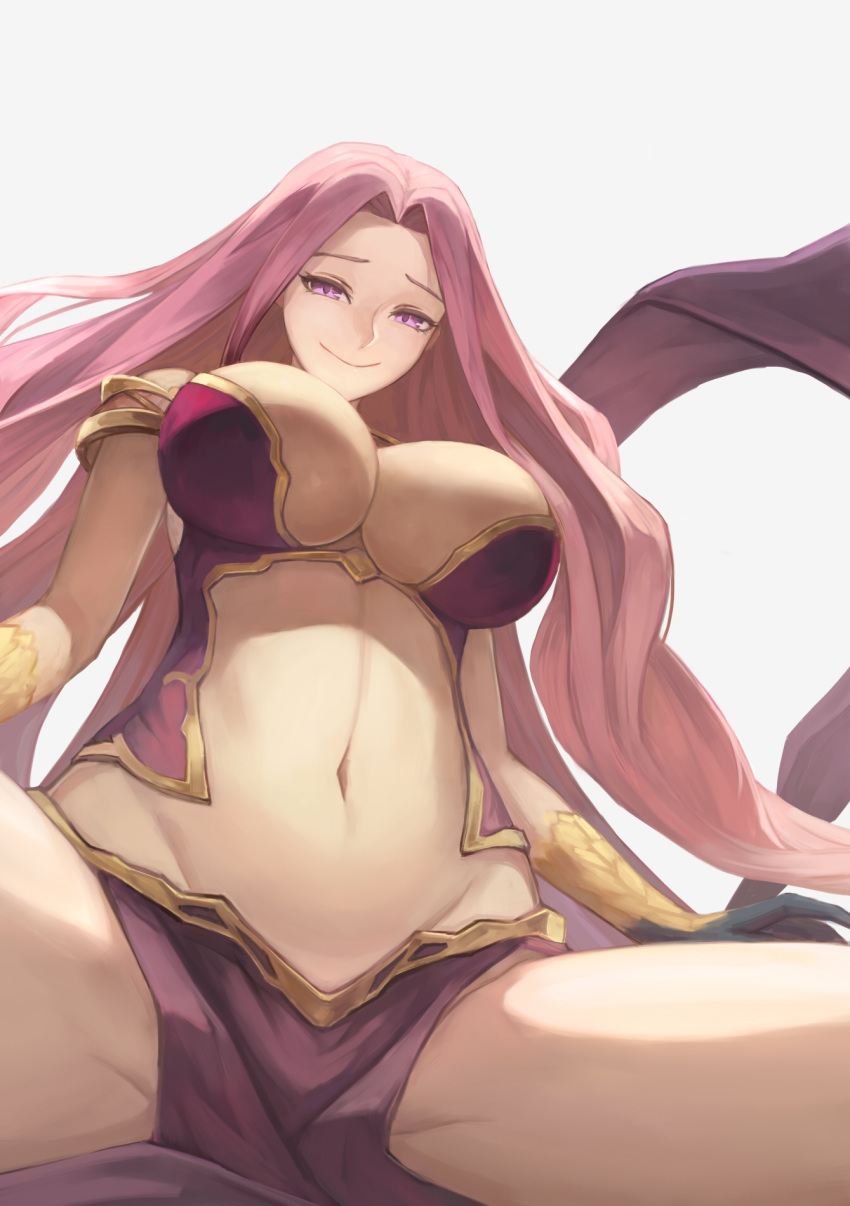 1girl bangs bare_shoulders breasts cjyoung cleavage cleavage_cutout fate/grand_order fate_(series) gorgon gorgon_(fate) highres huge_breasts large_breasts long_hair looking_at_viewer monster_girl navel parted_bangs pelvic_curtain purple_eyes purple_hair scales slit_pupils smile snake snake_hair solo very_long_hair