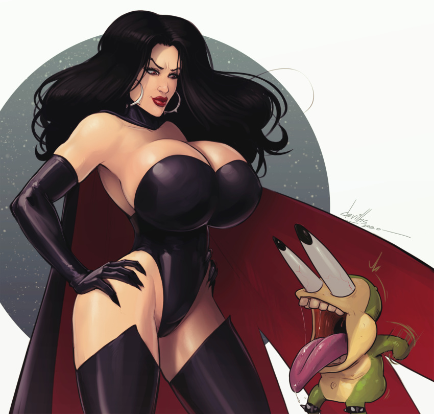 1girl bare_shoulders battletoads black_gloves black_hair breasts cleavage commentary dark_queen_(battletoads) devilhs earrings elbow_gloves eye_pop frog gloves hands_on_hips highres huge_breasts jewelry light_smile lips lipstick long_hair makeup red_eyes thighs