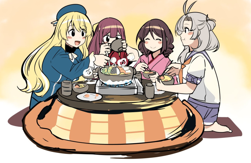 4girls :d ahoge atago_(kantai_collection) beret black_eyes blonde_hair blue_headwear blue_sailor_collar blue_skirt blush_stickers bowl brown_hair chopsticks closed_mouth cushion drill_hair eating eyebrows_visible_through_hair food grey_hair hair_between_eyes harukaze_(kantai_collection) hat holding holding_bowl holding_chopsticks i-class_destroyer ido_(teketeke) japanese_clothes kamikaze_(kantai_collection) kantai_collection kimono kinugasa_(kantai_collection) kotatsu long_hair long_sleeves meiji_schoolgirl_uniform military military_uniform multiple_girls nabe neckerchief open_mouth orange_neckwear pink_kimono pleated_skirt purple_hair red_kimono sailor_collar school_uniform seiza serafuku shinkaisei-kan short_hair short_sleeves sitting skirt smile table uniform zabuton