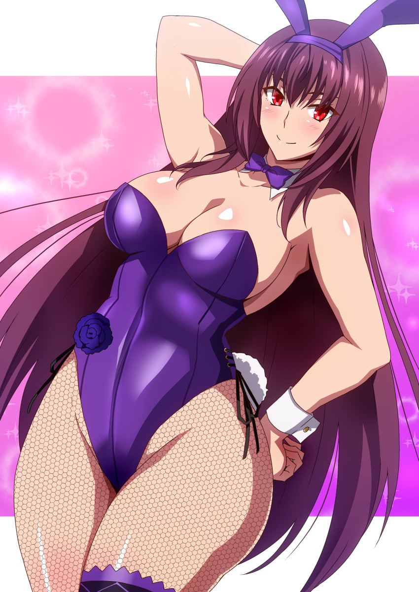 1girl animal_ears arm_behind_head arm_up bangs bare_shoulders blush bow bowtie breasts bunny_ears bunny_tail bunnysuit cleavage closed_mouth detached_collar fake_animal_ears fate/grand_order fate_(series) fishnet_legwear fishnets flower hera_(hara0742) highleg highleg_leotard highres large_breasts leg_garter leotard long_hair looking_at_viewer pantyhose purple_flower purple_hair purple_leotard purple_rose red_eyes rose scathach_(fate)_(all) scathach_(fate/grand_order) seamed_legwear side-tie_leotard smile solo strapless strapless_leotard tail thighs