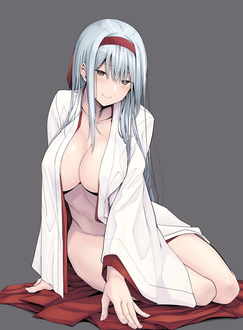 1girl absurdres breasts brown_eyes cleavage commentary grey_background hairband highres japanese_clothes kantai_collection kimono large_breasts long_hair no_bra no_panties open_clothes satou_samu shoukaku_(kantai_collection) skirt skirt_removed smile solo white_hair