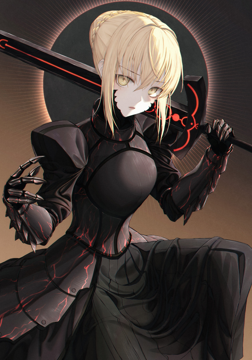 1girl absurdres armor armored_dress artoria_pendragon_(all) blonde_hair breastplate eichi_(skskdi12z) eyebrows_visible_through_hair fate/stay_night fate_(series) gauntlets hair_between_eyes hair_bun highres holding holding_sword holding_weapon looking_at_viewer saber_alter solo sword weapon yellow_eyes