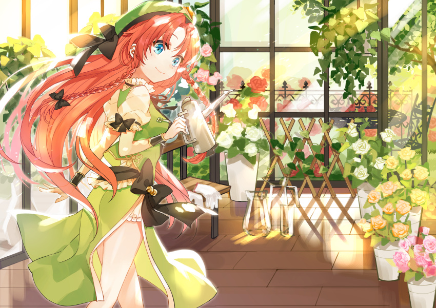 1girl absurdres arm_up bangs blue_eyes bracelet braid brick_floor chair chinese_commentary commentary_request day feet_out_of_frame fence flat_cap flower green_headwear green_skirt green_vest hat head_tilt highres holding holding_watering_can hong_meiling indoors ironwork jewelry kanta_(pixiv9296614) light_rays long_hair looking_at_viewer looking_back orange_flower orange_rose parted_bangs pink_flower pink_rose pitcher plant potted_plant puffy_short_sleeves puffy_sleeves red_flower red_hair red_rose rose shirt short_sleeves skirt smile solo standing sunbeam sunlight table touhou tree trellis twin_braids very_long_hair vest watering_can white_flower white_rose white_shirt window