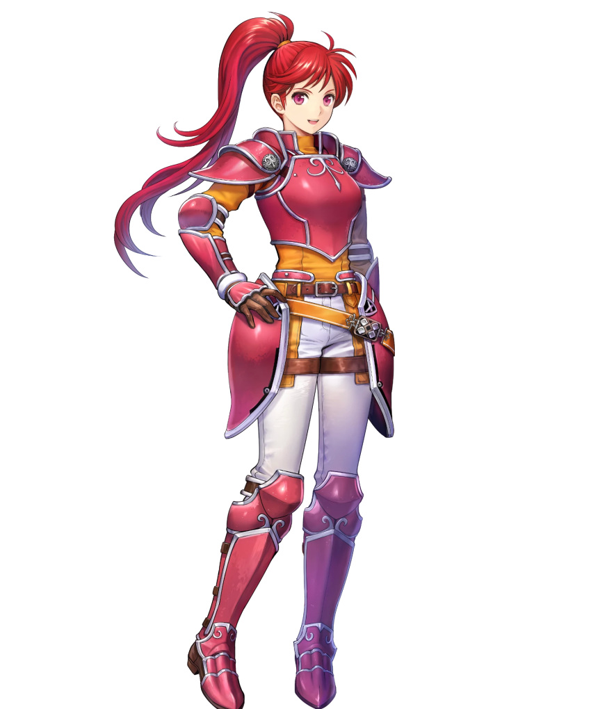1girl armor armored_boots asatani_tomoyo bangs belt boots breastplate elbow_pads fire_emblem fire_emblem:_path_of_radiance fire_emblem_heroes gauntlets hand_on_hip hand_up high_ponytail highres jill_(fire_emblem) long_hair long_sleeves looking_at_viewer official_art open_mouth pants ponytail red_armor red_eyes red_hair shiny shiny_hair shoulder_armor smile solo standing tied_hair transparent_background turtleneck white_pants