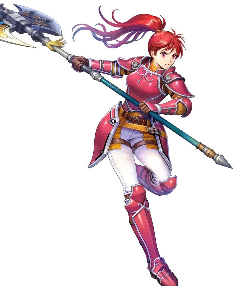 1girl armor armored_boots asatani_tomoyo axe bangs battle_axe belt boots breastplate elbow_pads fire_emblem fire_emblem:_path_of_radiance fire_emblem_heroes gauntlets hand_up high_ponytail highres holding holding_weapon jill_(fire_emblem) leg_up long_hair long_sleeves looking_away official_art pants parted_lips polearm ponytail red_armor red_eyes red_hair shiny shiny_hair shoulder_armor solo tied_hair transparent_background weapon white_pants