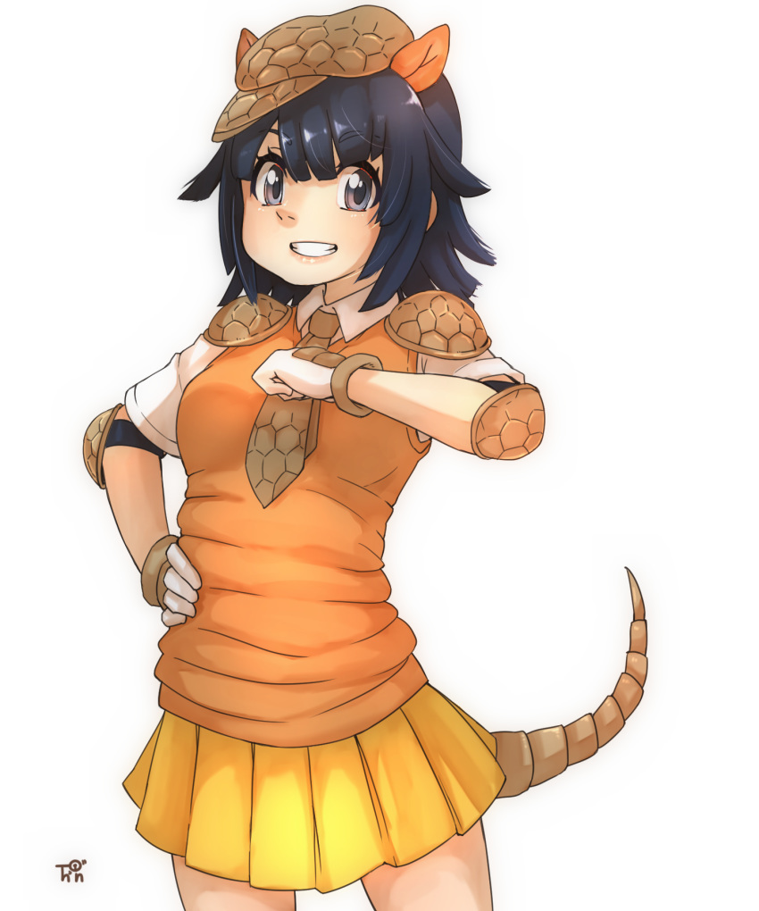 1girl armadillo_ears armadillo_tail artist_logo bangs black_hair commentary cowboy_shot elbow_pads giant_armadillo_(kemono_friends) grey_eyes grin hand_on_hip hand_on_own_chest hat highres kemono_friends looking_at_viewer medium_hair necktie orange_vest pleated_skirt shirt short_sleeves shoulder_pads signature simple_background skirt smile solo thin_(suzuneya) vest white_background white_shirt wing_collar yellow_skirt
