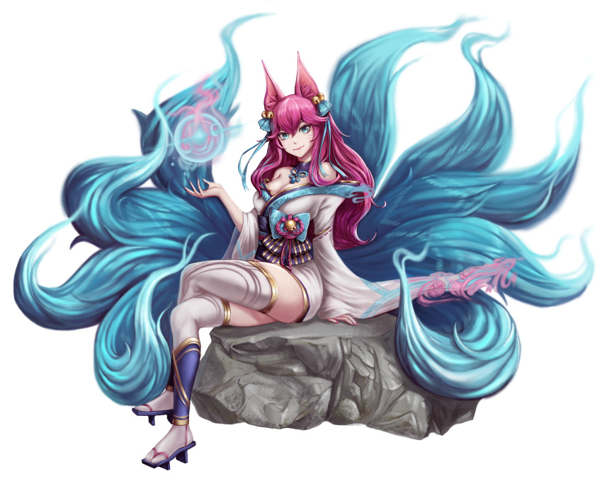 1girl absurdres ahri alternate_hair_color animal_ear_fluff animal_ears artist_request bell blue_tail breasts cleavage crossed_legs energy_ball facial_mark fox_ears fox_tail hair_bell hair_ornament highres kitsune korean_clothes kumiho large_breasts league_of_legends lips long_straw low_neckline multiple_tails simple_background sitting sitting_on_rock solo spirit_blossom_ahri tail vastaya very_long_fingernails whisker_markings white_background
