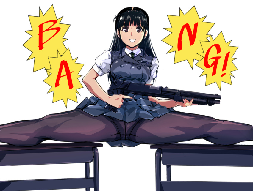 1girl bangs black_hair black_legwear black_neckwear brown_eyes commentary_request crotch_seam double-breasted eyebrows_visible_through_hair grey_jacket grey_skirt gun gusset holding holding_gun holding_weapon jacket long_hair long_sleeves looking_at_viewer original pantyhose pleated_skirt presenting school_uniform shirt shotgun skirt smile solo speech_bubble split spread_legs thighs uniform vest weapon white_background white_shirt yuya