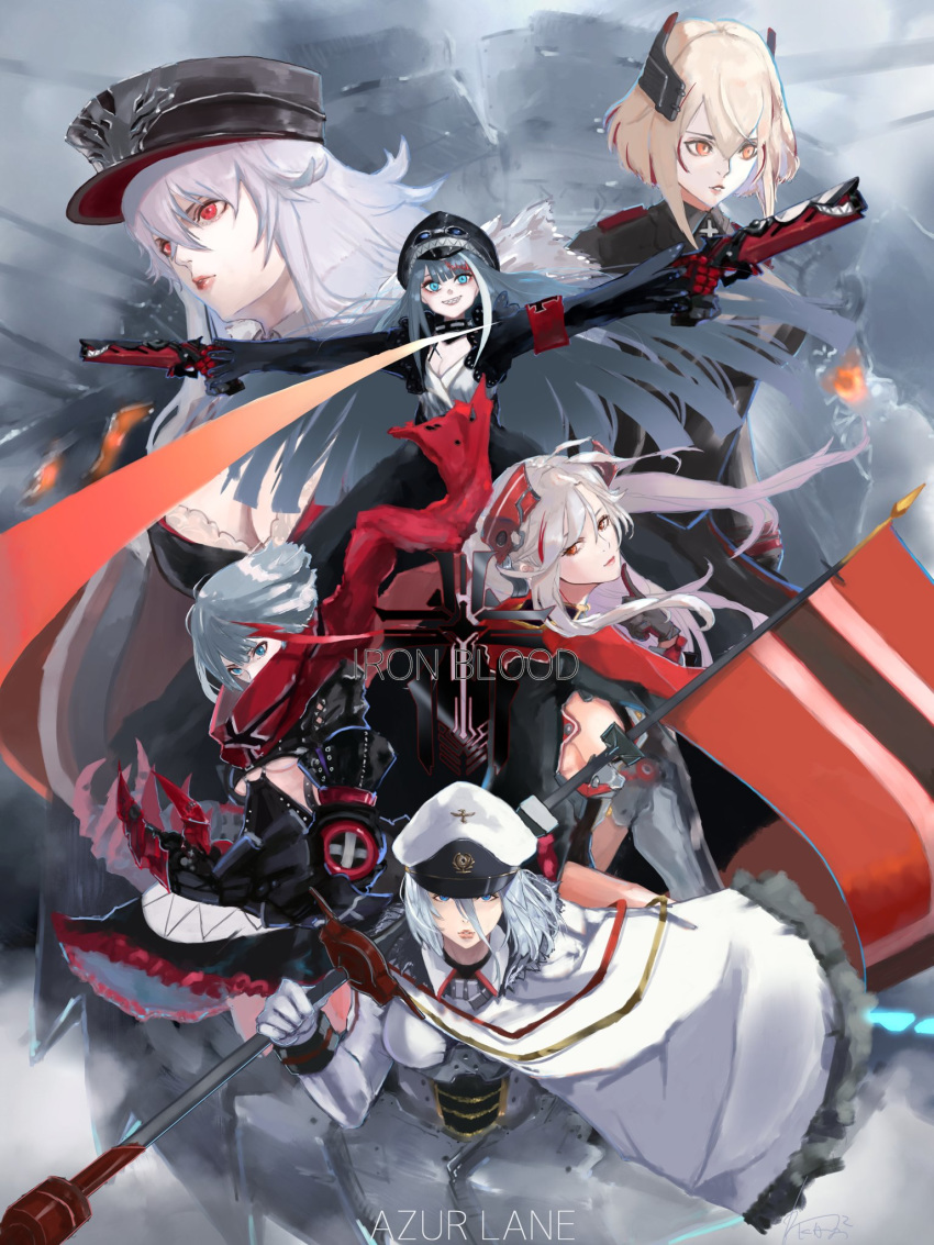 6+girls admiral_graf_spee_(azur_lane) antenna_hair azur_lane bangs black_dress black_hair black_headwear blonde_hair blue_eyes blunt_bangs breasts brown_eyes choker cleavage cross crossed_bangs deutschland_(azur_lane) dress dual_wielding earrings flag flag_print flagpole fur_trim gloves graf_zeppelin_(azur_lane) gun hair_between_eyes hat headgear highres holding iron_cross jacket jacket_on_shoulders jewelry kdm_(ke_dama) large_breasts long_hair long_sleeves looking_at_viewer military military_hat military_uniform multicolored_hair multiple_girls peaked_cap prinz_eugen_(azur_lane) red_hair roon_(azur_lane) scarf short_hair sidelocks silver_hair skirt small_breasts streaked_hair swept_bangs tirpitz_(azur_lane) two_side_up uniform very_long_hair weapon