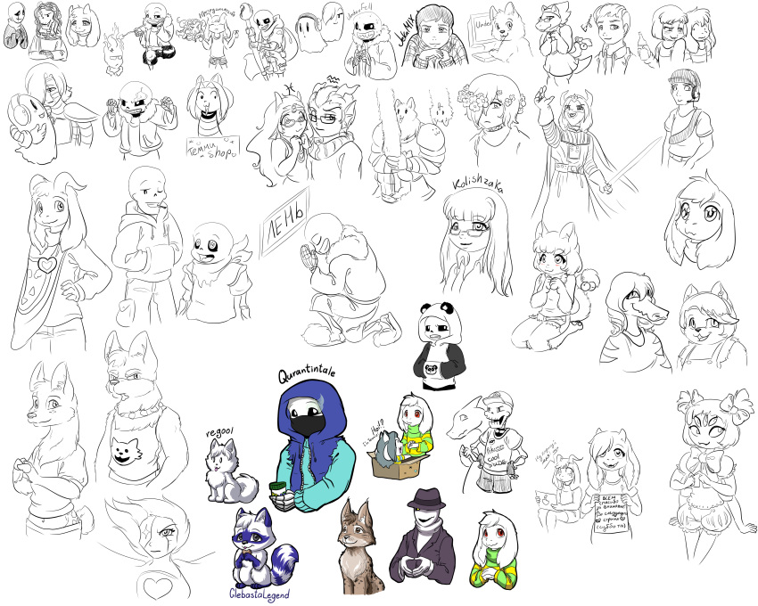 5:4 absurd_res anthro asriel_dreemurr canid canine canis domestic_dog english_text female feral group hi_res human humanoid male mammal muffet papyrus sans sidnithefox sketch text toriel undertale video_games