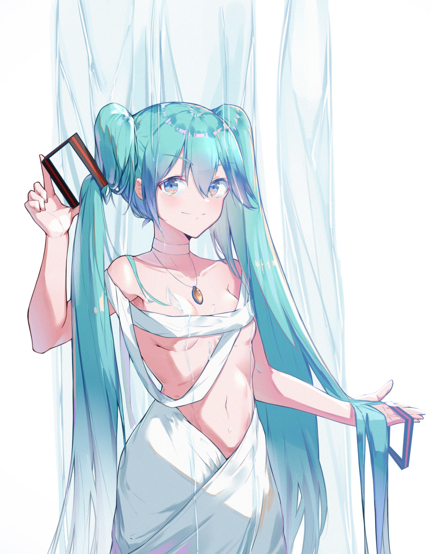 1girl absurdres alternate_costume blue_eyes blue_hair breasts chinese_commentary collar commentary cowboy_shot eyebrows_visible_through_hair hair_ornament_removed hand_up hatsune_miku highres holding_hair_ornament jewelry long_hair looking_at_viewer midriff navel necklace rzx0 small_breasts smile solo twintails very_long_hair vocaloid