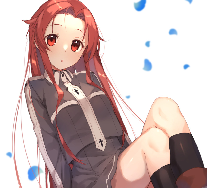 1girl :o bangs black_legwear crossed_legs grey_jacket grey_skirt highres jacket leaning_to_the_side long_hair long_sleeves looking_at_viewer miniskirt noro_(ro_no) parted_bangs parted_lips petals red_eyes red_hair simple_background single_horizontal_stripe sitting skirt socks solo sword_art_online sword_art_online:_alicization sword_mastery_academy_uniform tiese_schtrinen uniform white_background wing_collar