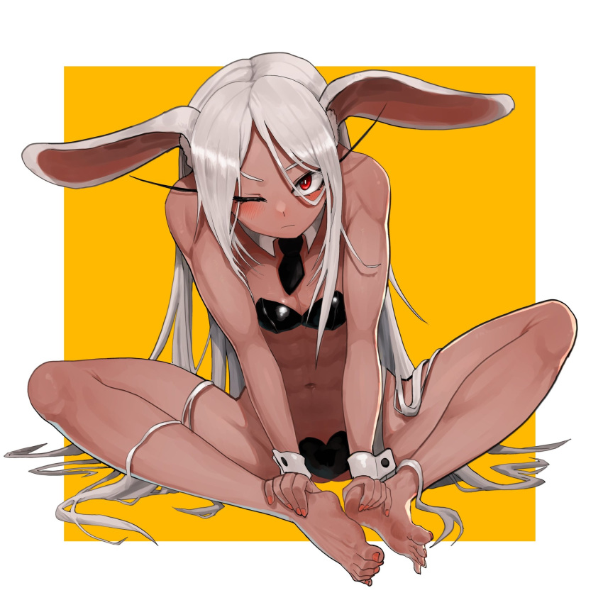 1girl abs animal_ears bangs bare_legs barefoot blush boku_no_hero_academia breasts bunny_ears butterfly_sitting cleavage closed_mouth covered_nipples dark_skin detached_collar eungi hands_on_feet heart_pasties highres leaning_forward long_eyelashes long_hair looking_at_viewer meme_attire mini_necktie mirko nail_polish navel one_eye_closed parted_bangs pasties rabbit_girl red_eyes red_nails reverse_bunnysuit reverse_outfit sitting soles solo toenail_polish toes toned very_long_hair white_hair