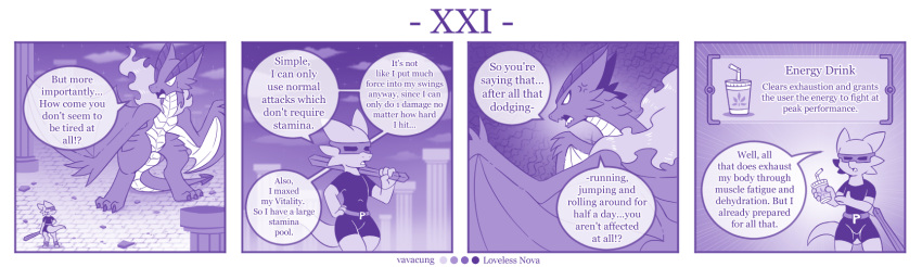 4koma ambiguous_gender anthro braver_(character) clothing comic dialogue dragon duo english_text feral hi_res kobold mask melee_weapon monochrome profanity purple_theme scales scalie text vavacung vein video_games weapon wings