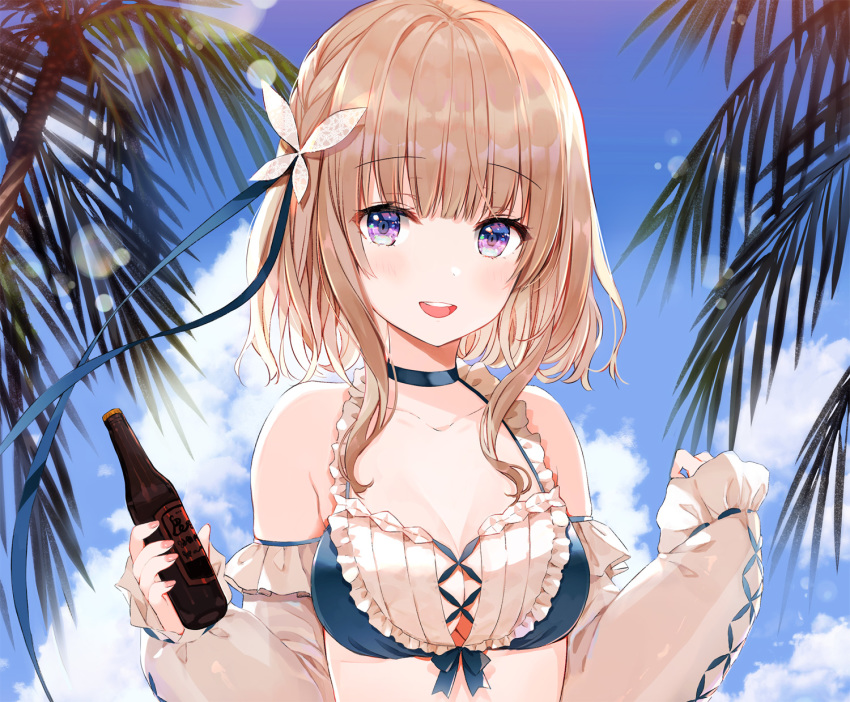 1girl :d bangs bare_shoulders bikini blue_bikini blue_choker blue_ribbon blush bottle breasts brown_hair butterfly_hair_ornament choker cleavage collarbone commentary_request day detached_sleeves eyebrows_visible_through_hair frilled_bikini frills hair_ornament hair_ribbon hands_up highres holding holding_bottle long_hair long_sleeves looking_at_viewer medium_breasts open_mouth original outdoors puffy_long_sleeves puffy_sleeves purple_eyes ribbon round_teeth sleeves_past_wrists smile solo swimsuit teeth upper_body upper_teeth white_sleeves yadapot