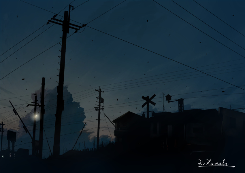 cloud dark house leaf no_humans original outdoors power_lines railroad_crossing scenery signature sky sunset telephone_pole town wind