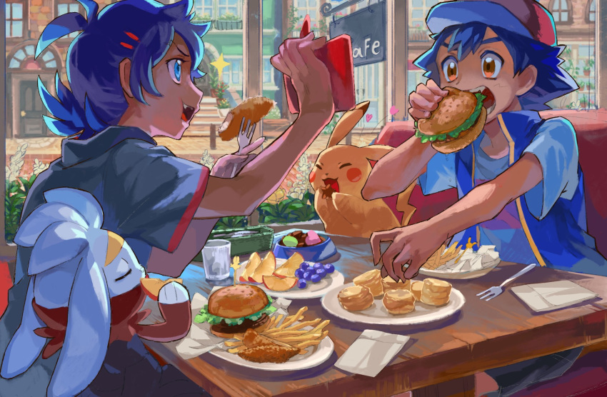 2boys antenna_hair ash_ketchum blue_hair chair chips commentary_request day door eating food fork fruit gen_1_pokemon gen_4_pokemon gen_8_pokemon glass goh_(pokemon) hair_ornament hairclip hamburger highres holding holding_food indoors jacket lettuce multiple_boys napkin nmgorila open_mouth pikachu pokemon pokemon_(anime) pokemon_(creature) pokemon_swsh_(anime) raboot rotom rotom_phone short_sleeves sitting table teeth tongue window