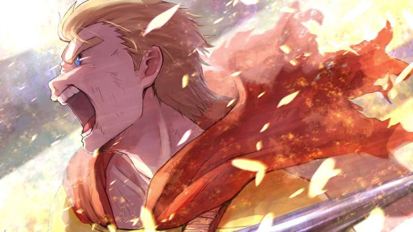 1boy blonde_hair blue_eyes bodysuit boku_no_hero_academia bruise_on_face cape close-up collarbone commentary_request face from_side highres kino_(bbbbbru) male_focus open_mouth petals profile red_cape serious solo teeth toogata_mirio torn_cape torn_clothes very_long_sleeves wind yellow_bodysuit