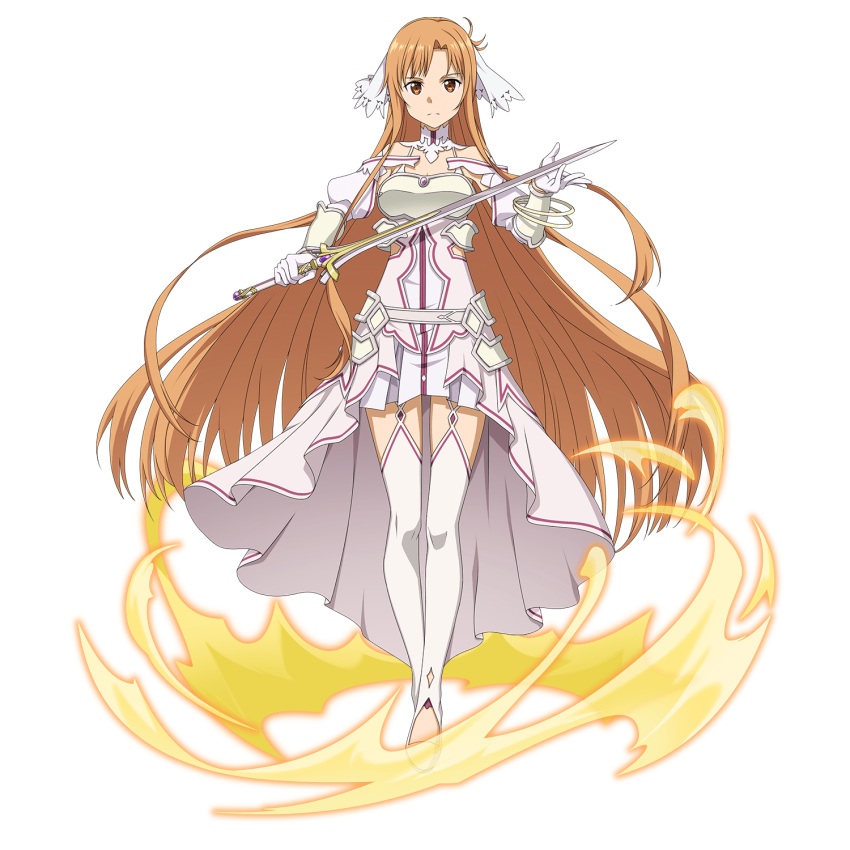 1girl armor armored_dress asuna_(stacia) asymmetrical_bangs bangs bracelet breastplate breasts brown_eyes brown_hair cleavage closed_mouth detached_collar detached_sleeves dress floating_hair frown full_body garter_straps gloves hair_ornament highres holding holding_sword holding_weapon jewelry long_hair long_sleeves looking_at_viewer medium_breasts official_art pleated_dress shiny shiny_hair short_dress sleeveless sleeveless_dress solo standing sword sword_art_online sword_art_online:_code_register thighhighs transparent_background very_long_hair weapon white_dress white_gloves white_legwear white_sleeves
