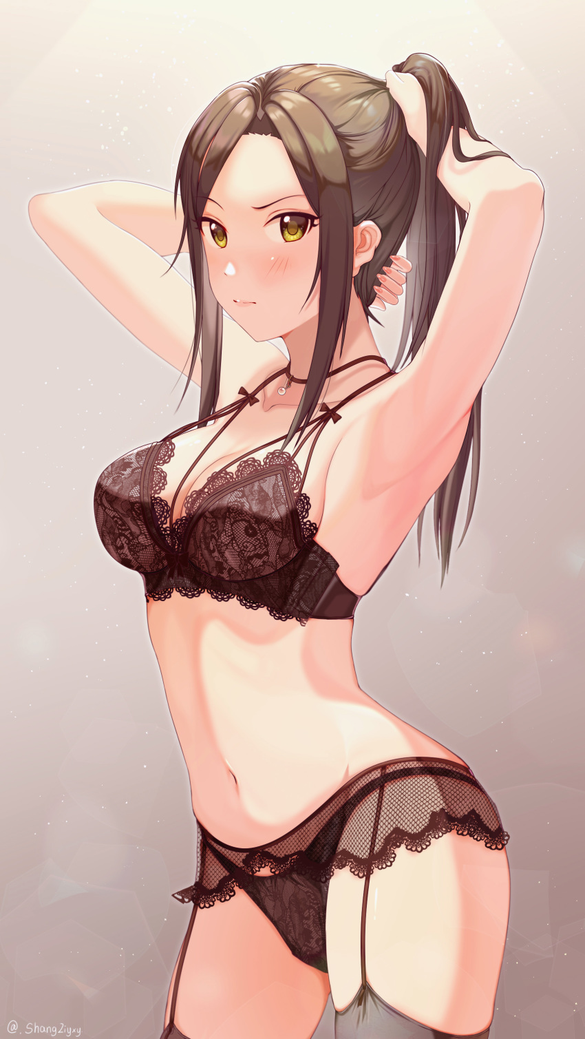 1girl absurdres armpits arms_behind_head arms_up bangs black_bra black_legwear black_panties blush bra breasts cleavage closed_mouth commentary_request garter_belt garter_straps high_ponytail highres idolmaster idolmaster_cinderella_girls lace lace_trim large_breasts lingerie long_ponytail mukai_takumi navel panties parted_bangs shangziyxy sidelocks solo stomach thighhighs thighs tying_hair underwear yellow_eyes