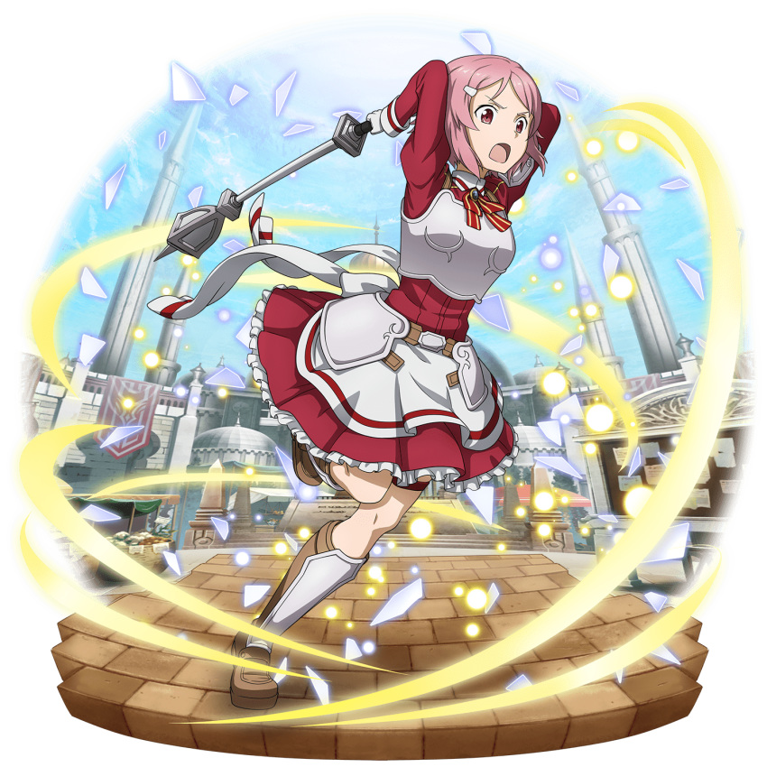 1girl apron arms_behind_head arms_up breastplate brown_footwear day faulds faux_figurine frilled_skirt frills full_body gloves hair_ornament hairclip highres leg_up lisbeth long_sleeves miniskirt neck_ribbon official_art open_mouth outdoors pink_hair pleated_skirt red_eyes red_ribbon red_shirt red_skirt ribbon shiny shiny_hair shirt short_hair skirt solo sword_art_online sword_art_online:_code_register thigh_strap waist_apron white_apron white_gloves